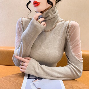网纱拼接高领毛衣女款2024新款冬季设计感内搭钉珠长袖秋冬打底衫