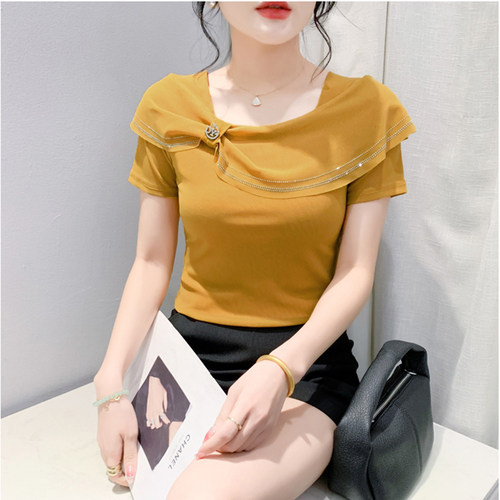 设计感蝴蝶结拼接短袖上衣欧货夏季网纱T恤女烫钻修身体恤小衫潮