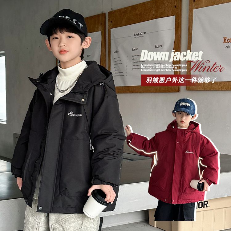 男童羽绒服冬季2025新款冬装大童帅气男孩红色儿童加厚连帽冲锋衣