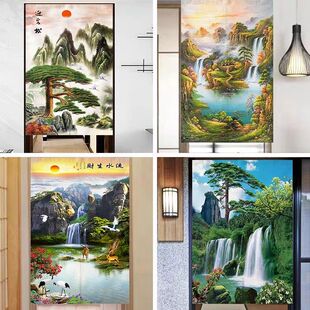 流水生财中式山水画装饰门帘家用布艺隔断帘卧室厕所挂帘子玄关帘
