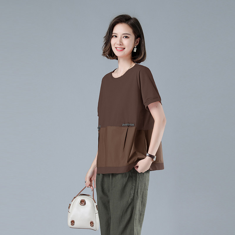 时尚宽松短袖T恤女夏季新款圆领拼色上衣显瘦百搭休闲女装482,女装T恤,秋牧寒烟