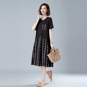 时尚宽松显瘦格子拼接连衣裙女夏季新款短袖休闲气质长裙8236图片