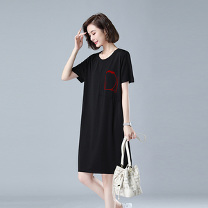 时尚宽松短袖连衣裙 黑色显瘦百搭休闲裙 舒适透气夏季新款女装图片