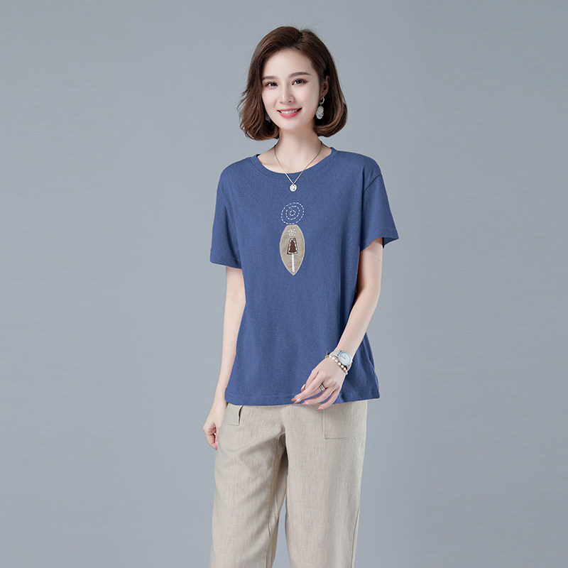 时尚宽松短袖T恤女夏季新款圆领刺绣上衣百搭显瘦休闲女装437,女装T恤,秋牧寒烟