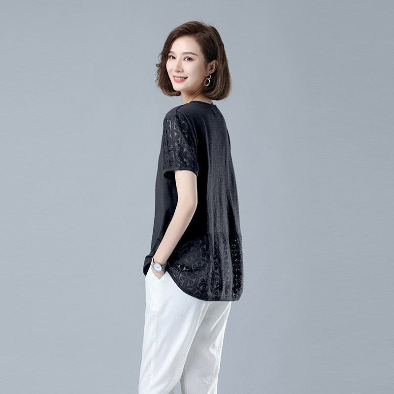 时尚宽松蕾丝拼接短袖T恤女夏季新款显瘦百搭上衣气质简约女装,女装T恤,秋牧寒烟
