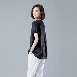 时尚宽松蕾丝拼接短袖T恤女夏季新款显瘦百搭上衣气质简约女装图片