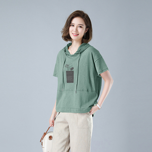 时尚宽松短袖连帽T恤女夏季新款韩版百搭休闲上衣显瘦印花衫图片