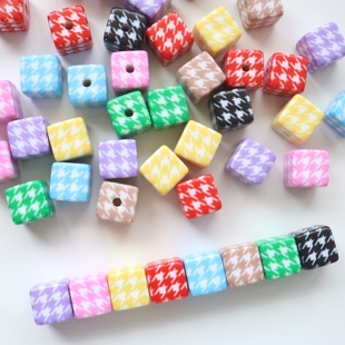 8色千鸟格复古感印花方块珠 彩色手工DIY串珠手机链条包挂材料珠