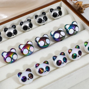 uv亮银黑白色小熊猫脑袋直孔珠子 DIY串珠手机链条挂件材料配饰