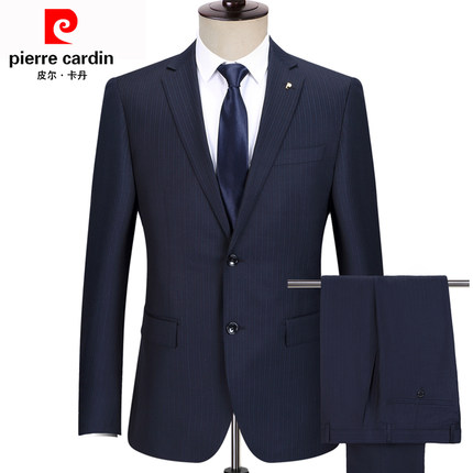 皮尔卡丹羊毛西服套装男中年商务正装蓝色条纹西装宴会婚礼爸爸装