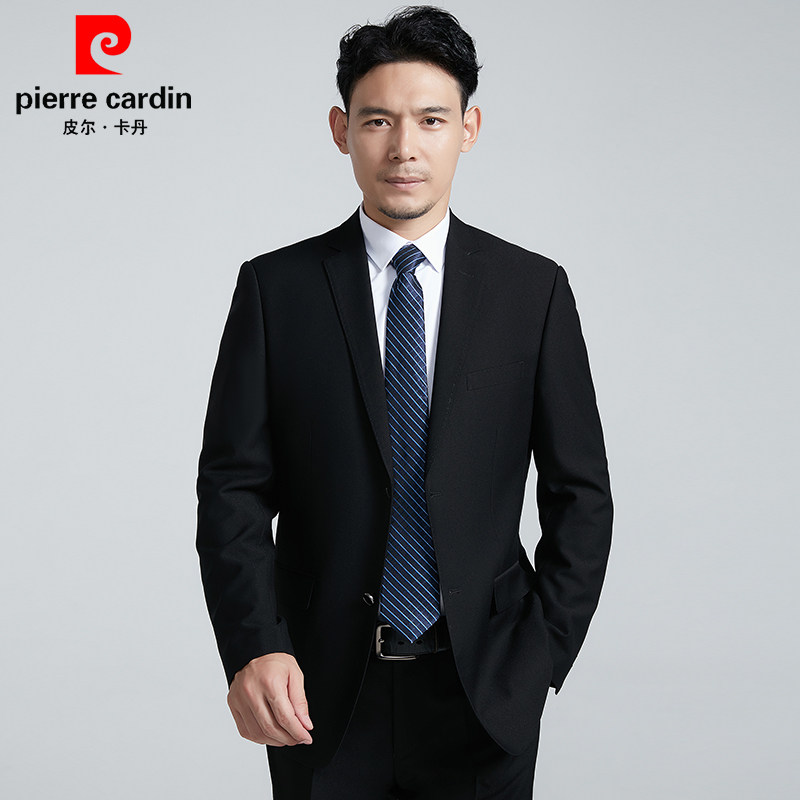 皮尔卡丹西服套装男士秋季韩版修身商务正装黑色双开叉免烫西装
