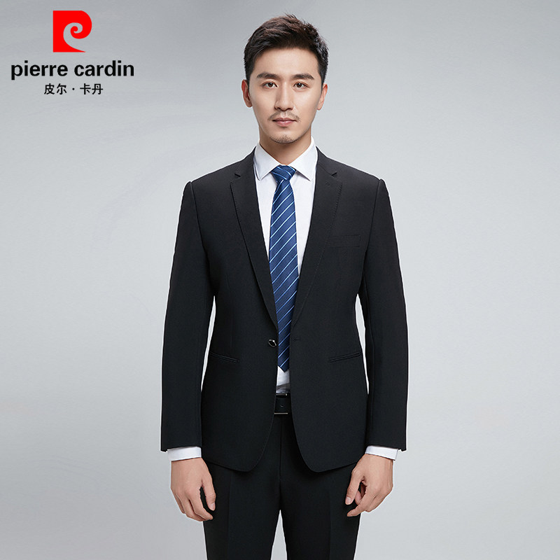 皮尔卡丹黑色西装男套装中青年韩版修身商务正装职业装新郎婚礼服