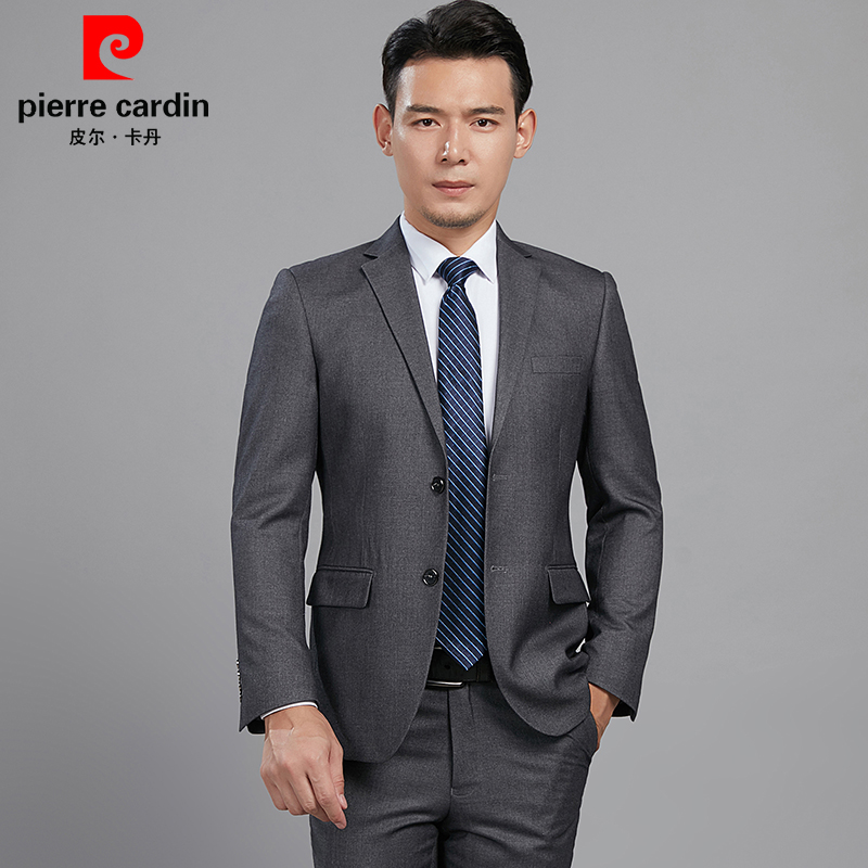 皮尔卡丹西服套装男士中老年商务休闲正装深灰色爸爸结婚宴会礼服
