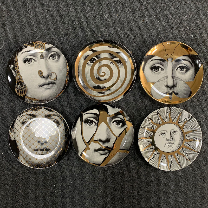 金色艺术人脸墙面挂盘意大利人物陶瓷装饰盘餐厅复古墙饰盘子摆件
