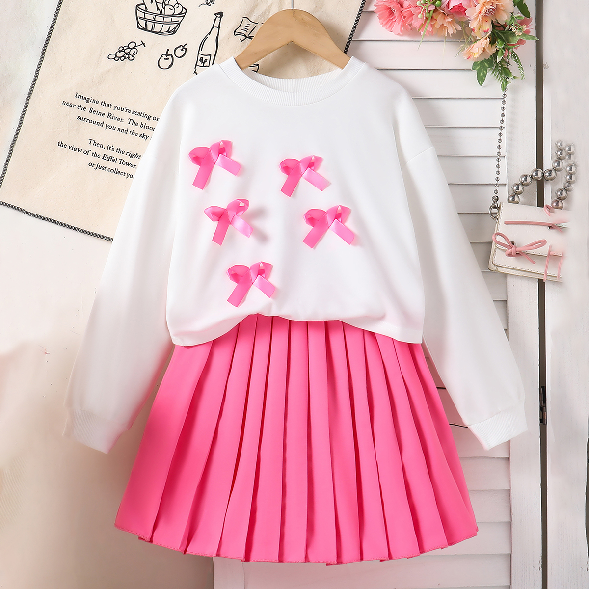儿童套装蝴蝶结卫衣百褶裙两件套