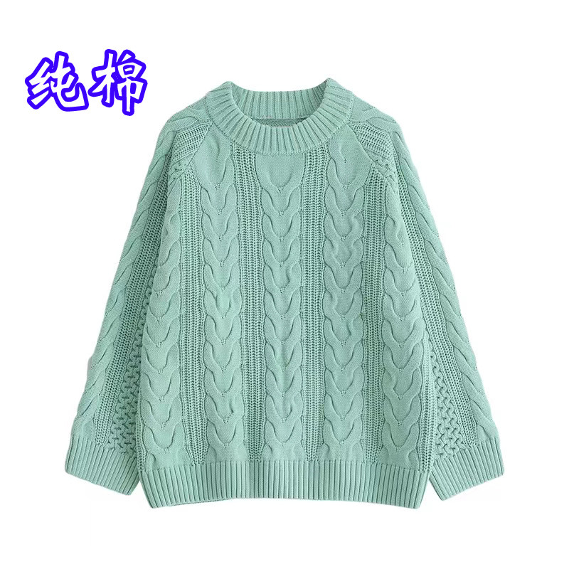 纯棉宽松毛衣女麻花长袖外穿重工针织衫线衣100%棉单穿加厚套头冬