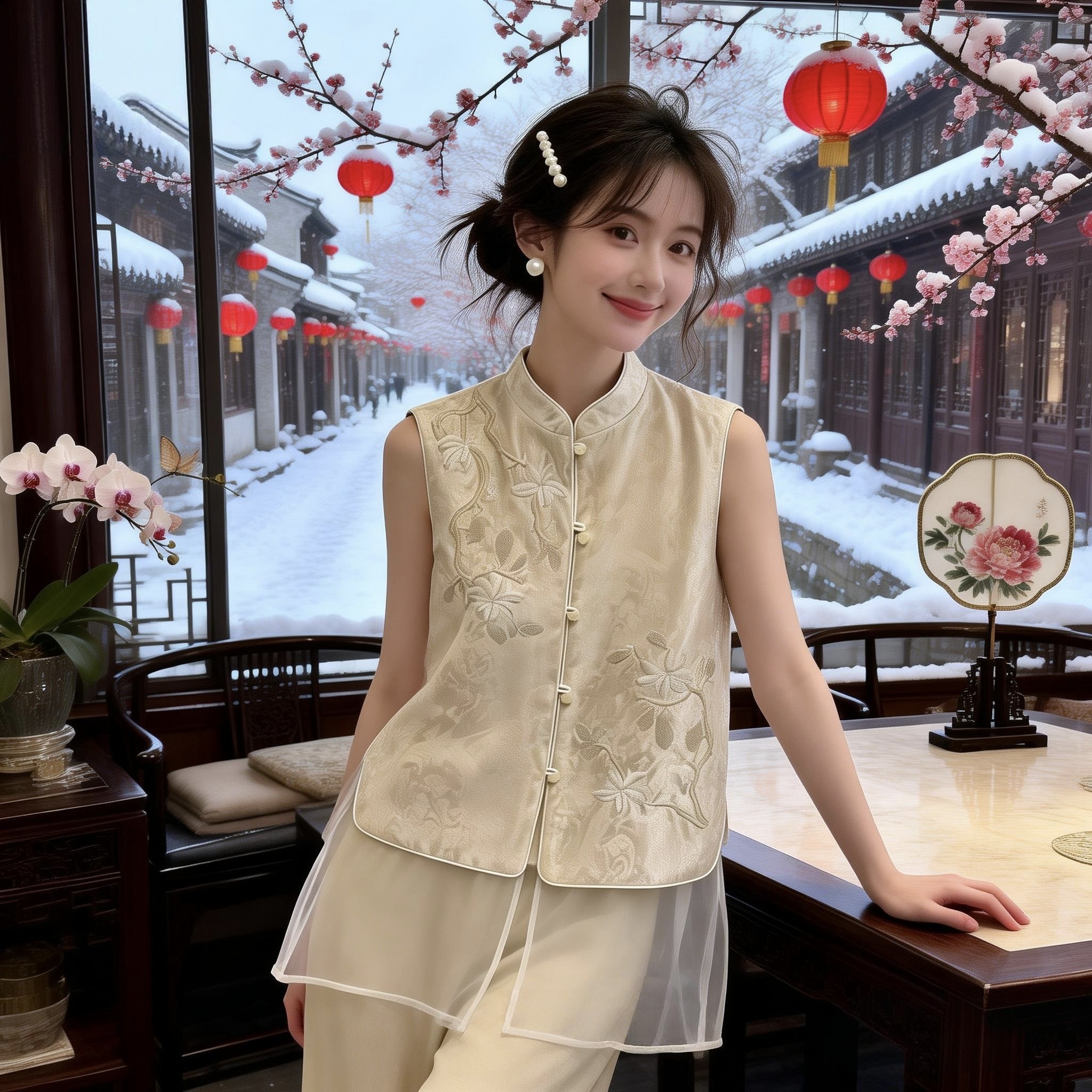 2026春夏新中式时尚国风真丝欧根纱拼接定珠刺绣立领小马甲坎肩女