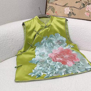 复古新中式改良旗袍款无袖上衣国风设计感重工刺绣醋酸马甲背心女