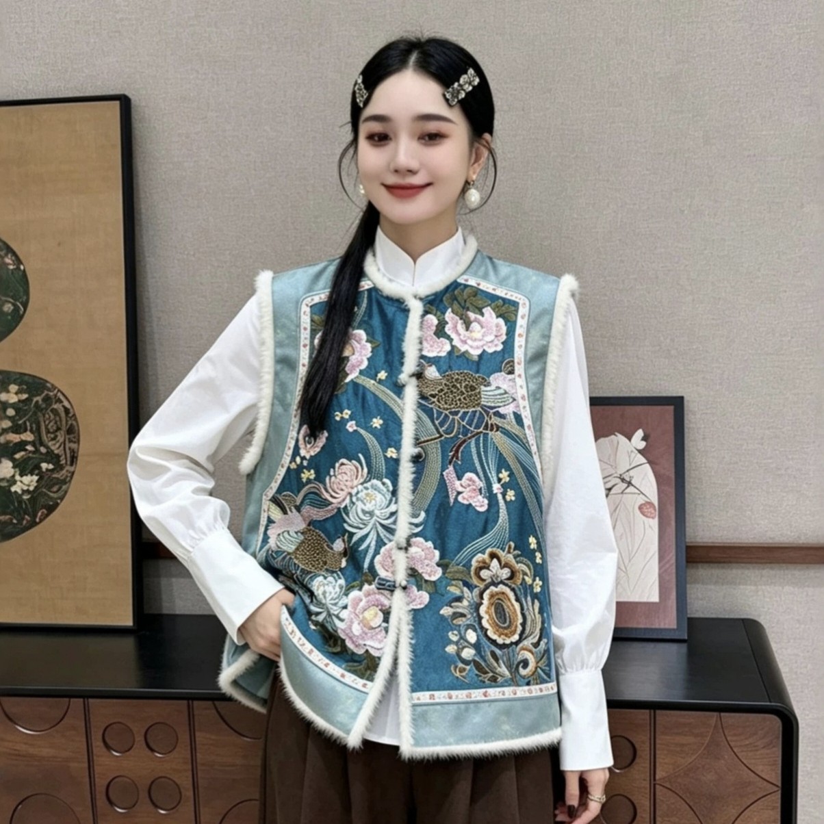 冬季复古国风夹棉马甲新中式水貂毛毛边拼接人丝刺绣加棉坎肩马夹