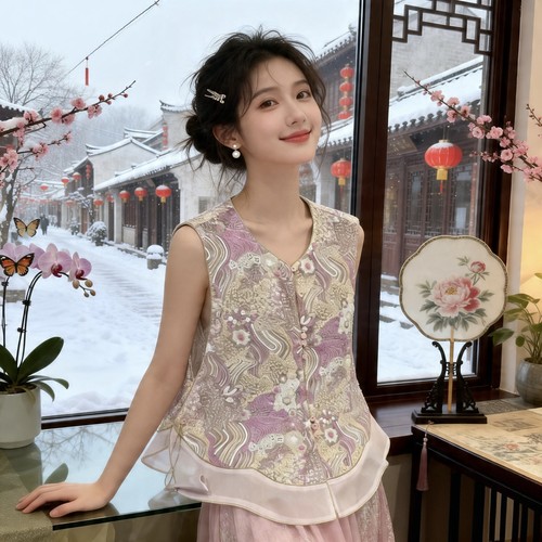新中式国风满绣时尚定珠刺绣对襟真丝欧根纱百搭小马甲坎肩女夏款