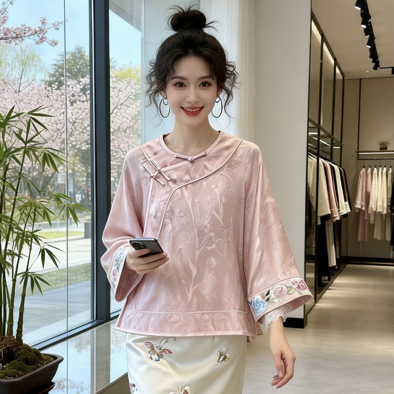 新中式圆领九分袖改良唐装茶服上衣国风人丝提花花萝刺绣百搭小衫