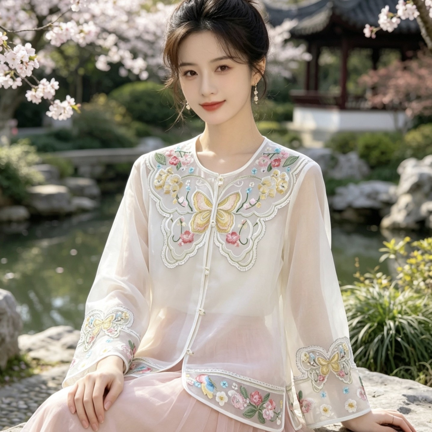 时尚新中式改良唐装茶服上衣2026春夏新款复古国风刺绣真丝外套女
