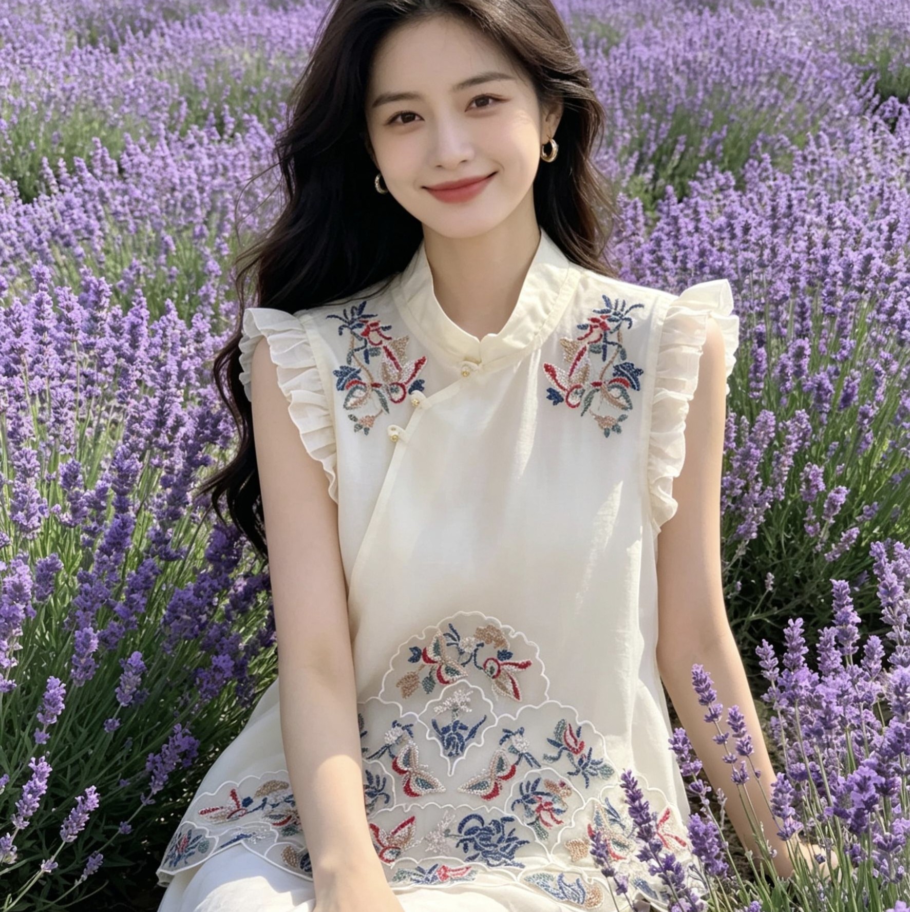 时尚新中式真丝刺绣木耳边无袖改良唐装旗袍上衣国风百搭马甲坎肩