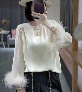 时尚新中式真丝丝绒鸵鸟毛袖口圆领打底衫上衣复古国风内搭衬衫女