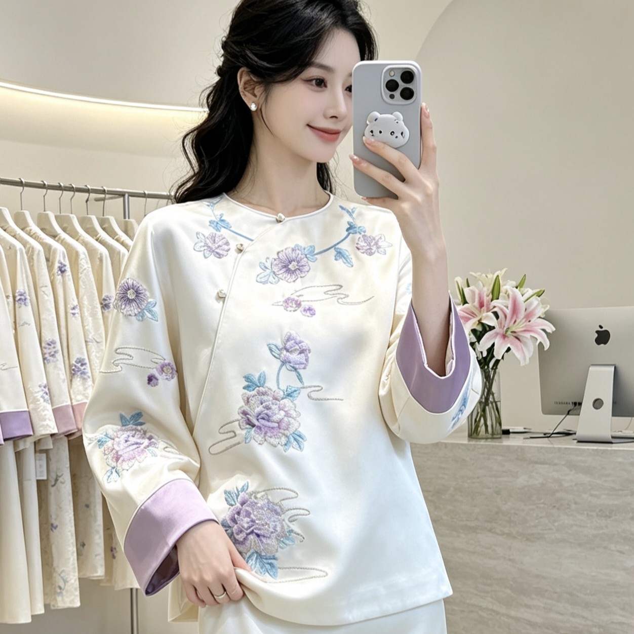 2026秋款女装新中式改良唐装茶服上衣国风牡丹刺绣醋酸太太服外套
