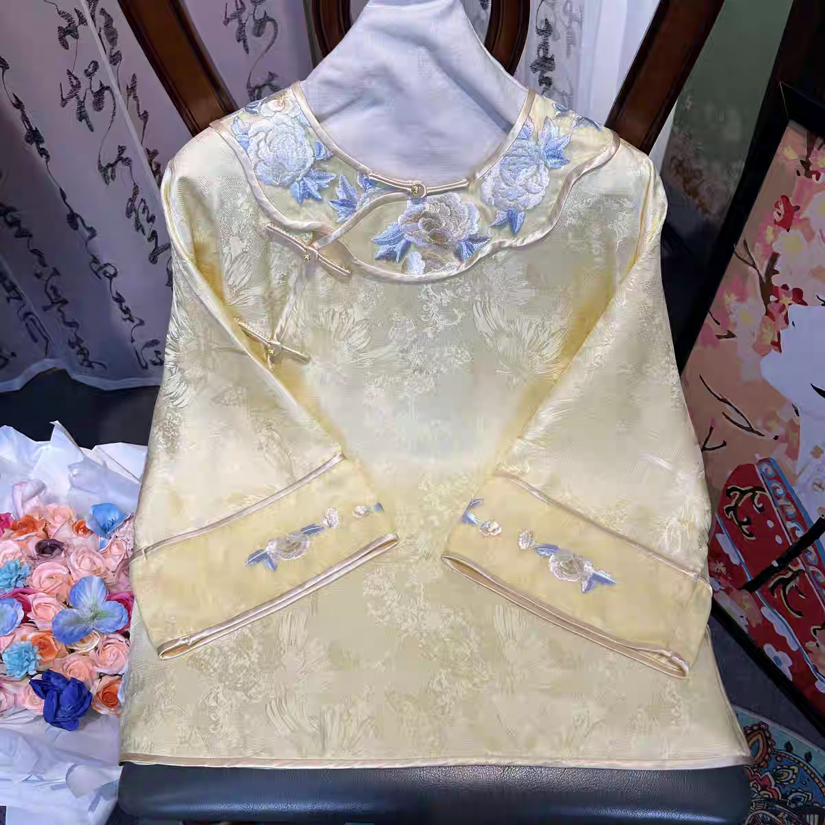 新中式老钱风唐装茶服上衣女春秋复古国风九分袖桑蚕丝提花太太服