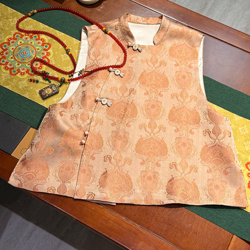 2026春季新款新中式真丝提花马甲高级感复古国风斜襟立领盘扣坎肩