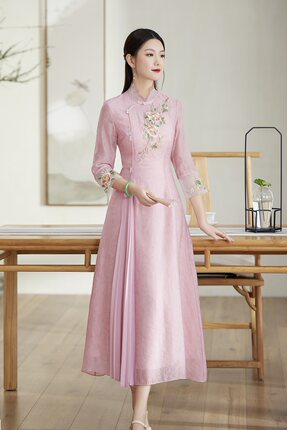 古风仙女裙2024春夏新中式民族风刺绣改良奥黛旗袍工装茶服连衣裙