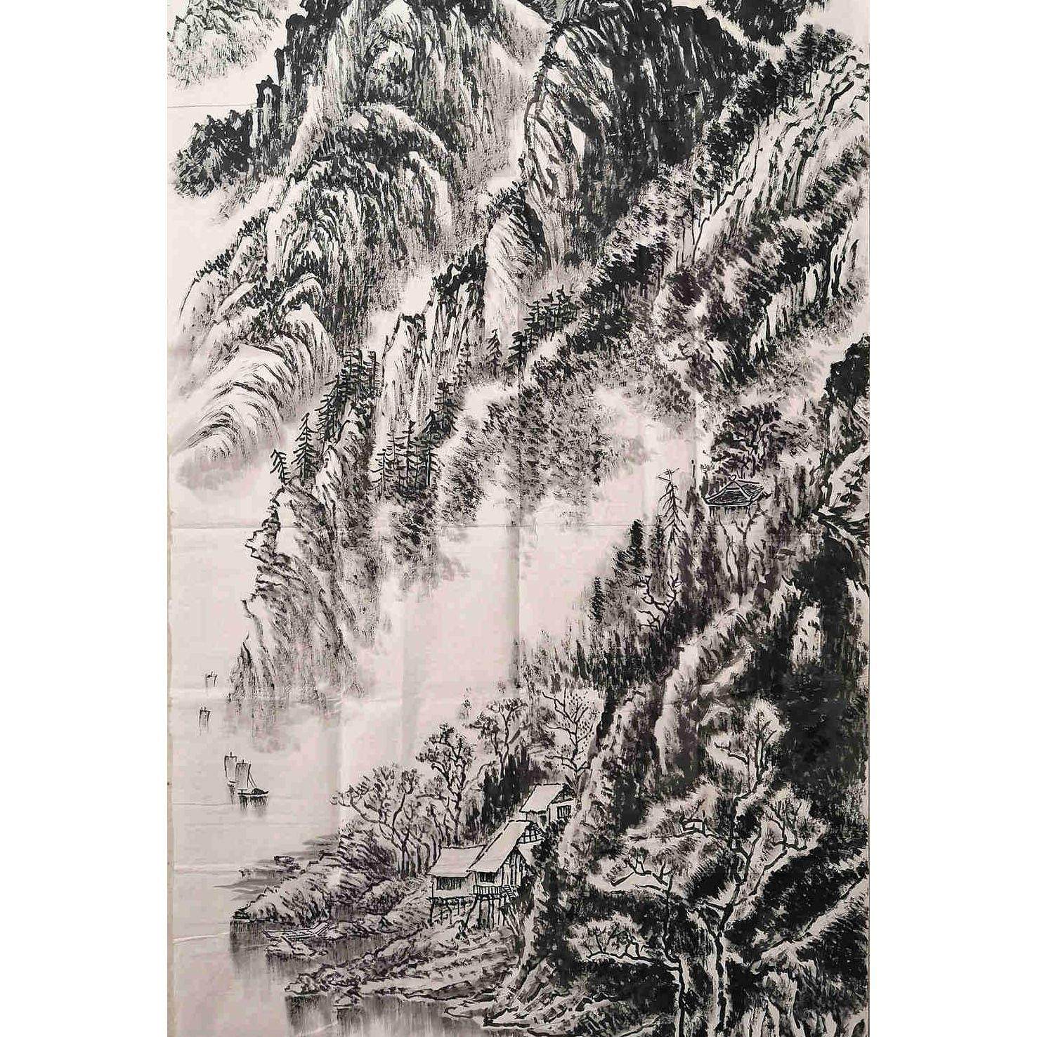 热卖国画客厅一枫斋纯手绘精品三尺焦墨山水山村古寨景图现代中式