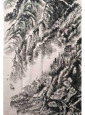 热卖国画客厅一枫斋纯手绘精品三尺焦墨山水山村古寨景图现代中式