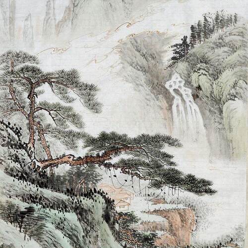 客厅新款一枫斋纯手绘精品自创三尺中堂中国画青绿山水画1人气