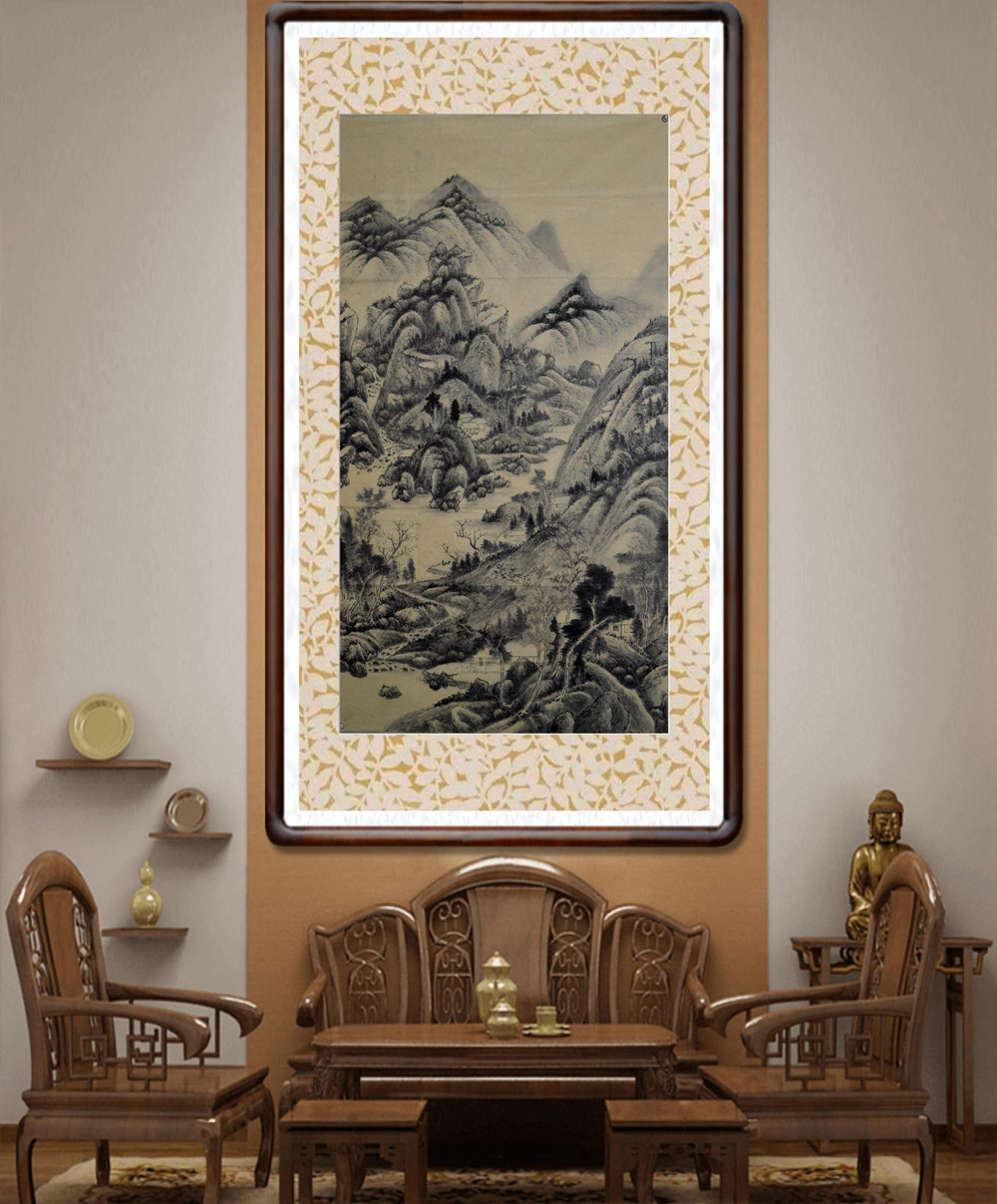 热卖一枫斋纯手绘精品国画仿古山水画六尺中堂王鉴木桥结庐图惊爆