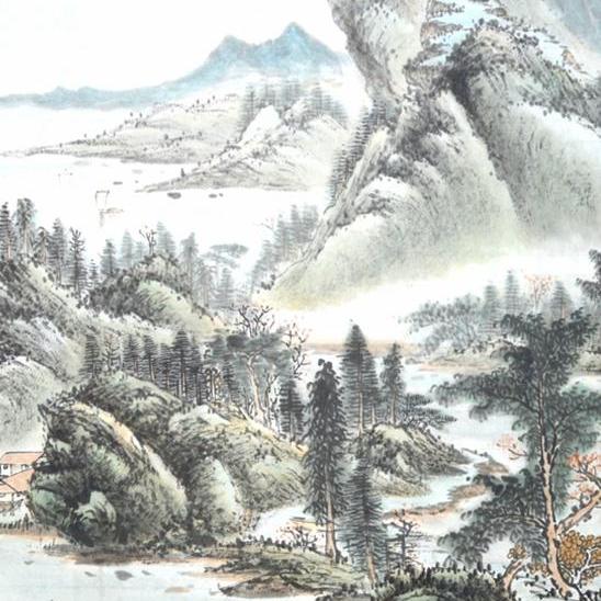 热卖一级书画家客厅一枫斋纯手绘精品国画二尺斗夏阴观山图军绿色
