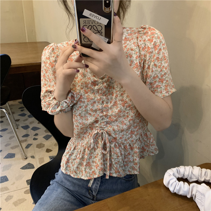 Fiber short sleeve blouse summer drawstring Chiffon Top floral short