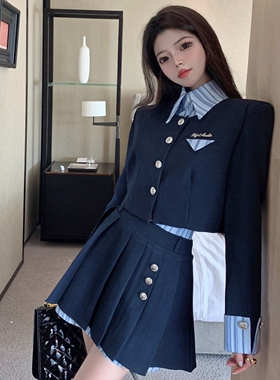 实拍 2024学院风小西装撞色条纹假两件小外套高腰百褶半身裙套装