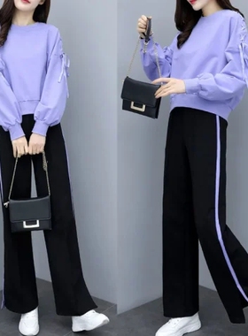 2023秋季新款女装时尚阔腿裤两件套卫衣显瘦休闲宽松运动服套装女