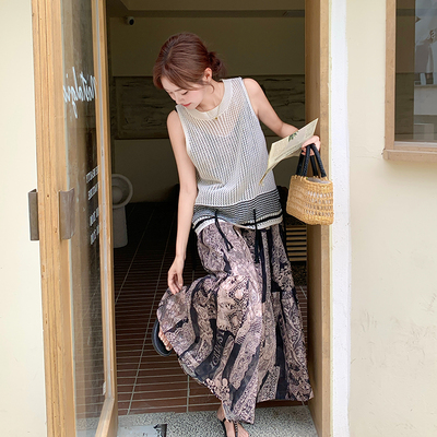 现货2D078-T2065-P175K258流苏钩花罩衫+碎花晕染吊带裙有里布