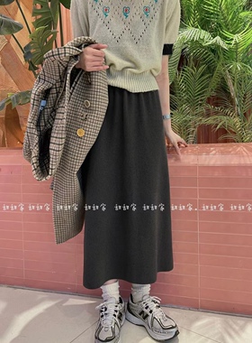 复古加厚直筒中长款开叉松紧腰半身裙女百搭高弹纯色针织A字长裙