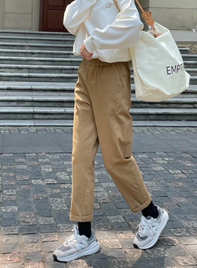 秋装微弹韩国2day新款纯色后松紧腰宽松显瘦九分哈伦裤小脚裤女潮