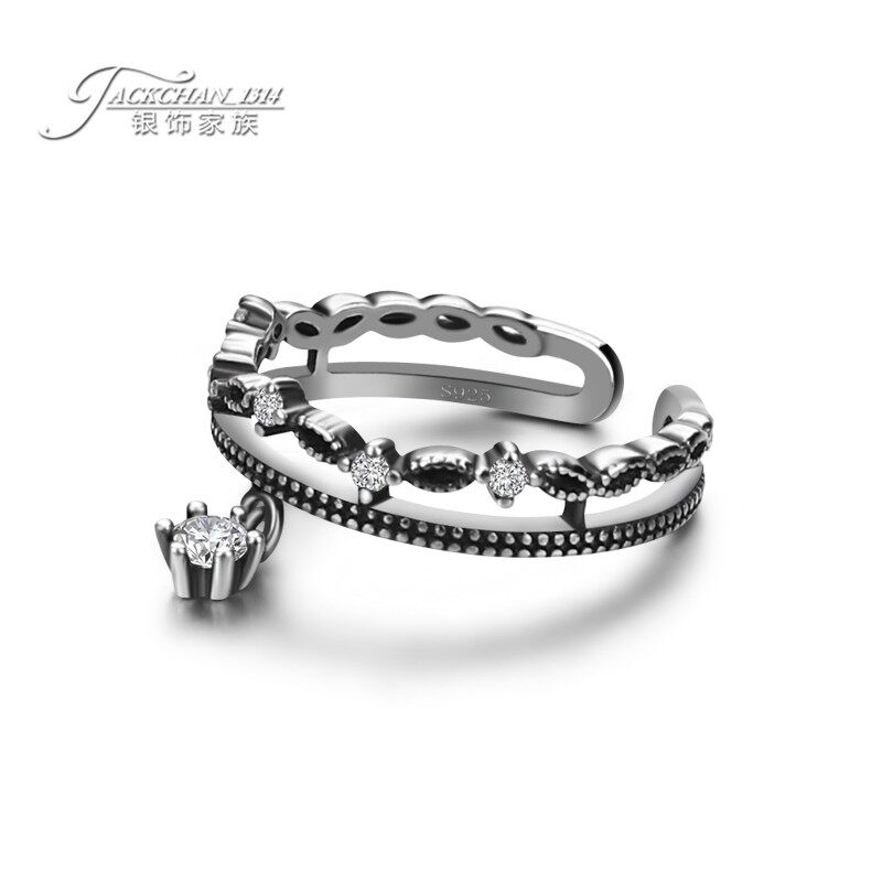 时尚流行复古戒指925纯银女款戒指旧色精致雕刻皇冠花纹不过敏潮