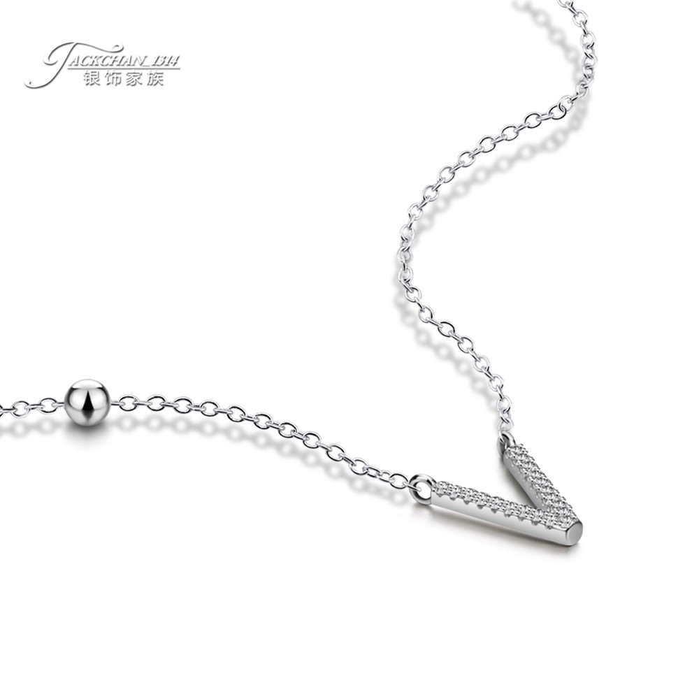 高贵奢华锆石项饰925纯银V字母项链时尚流行宴会晚会女款配饰简约