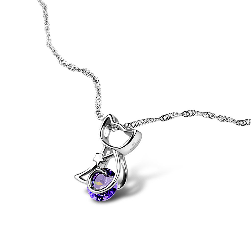 七夕情人节闺密女友礼物紫水晶 925纯银猫项链kitty猫咪吊坠包邮