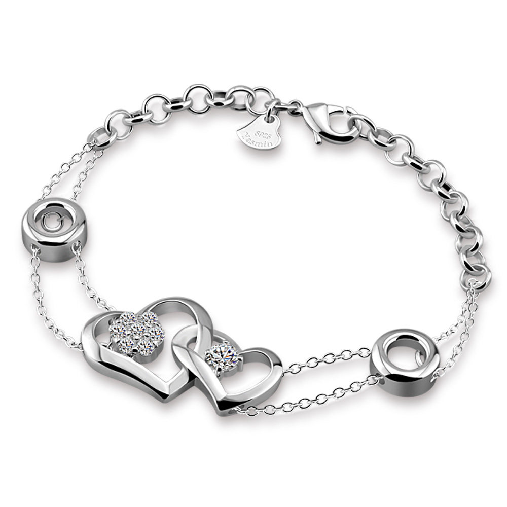 925纯银白金心形ins手链镶锆心连心送女朋友闺蜜生日情人节礼物