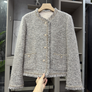 732767 粗花呢毛边马海羊毛圆领短外套女 法柜 代厂订单