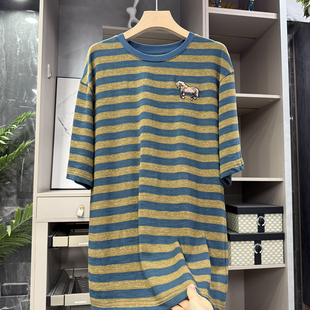 N货！好穿不费力！宽松条纹亚麻棉圆领短袖棉T恤女  168963~ZY