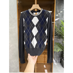 251S367 柔软菱格订钻圆领针织上衣女 D牌气质范 早春款